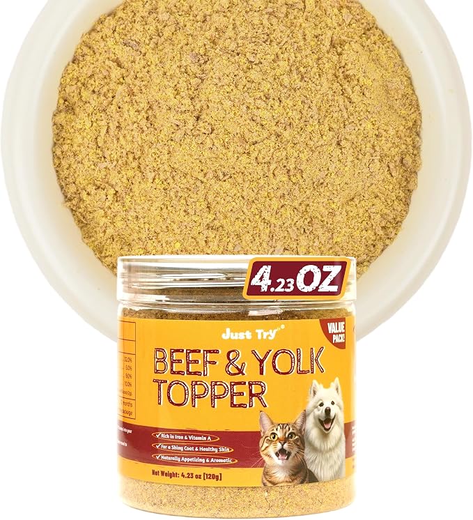 Just Try 4.23 OZ Beef & Egg Yolk Cat Food Toppers Sprinkles with Freeze Dried Egg Yolk, High Protein & Iron Support Cat Dog Treats