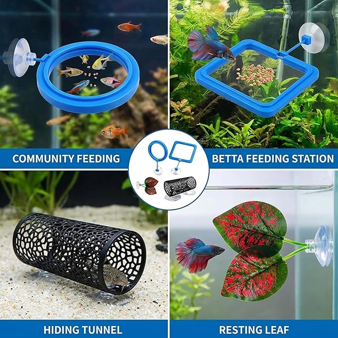 5pcs Fish Feeding Ring, Betta Feeding Ring and Hammock, Feeding Ring for Fish Tank and Aquarium, Assorted Blue Circular and Square Rings with Grass and Tunnel Accessories for Fish Feeding and Resting
