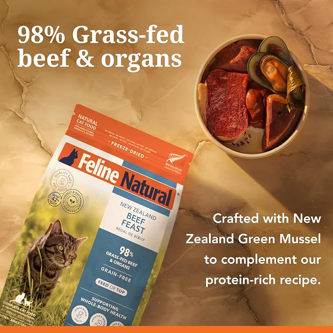 Feline Natural High Protein Dry Cat Food, Freeze-Dried Diet with 98% Meat, Organs & Seafood, No Peas, Grains, or Artificial Additives, Made in New Zealand, Beef, 11oz