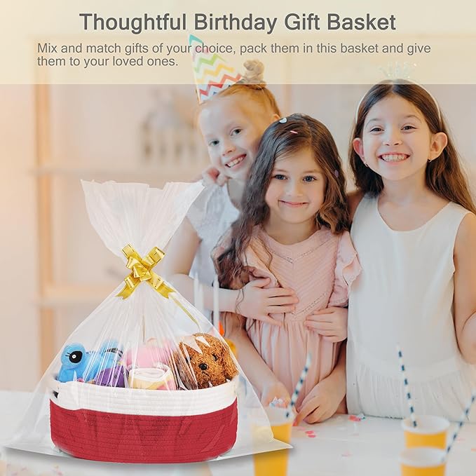 Small Woven Basket with Gift Bags and Ribbons, Empty Baby Gift Baskets for Kids Women Men, Shelf Storage, Small Cat Dog Pet Toy Boxes, 13”x 9”x 5.5”, Red