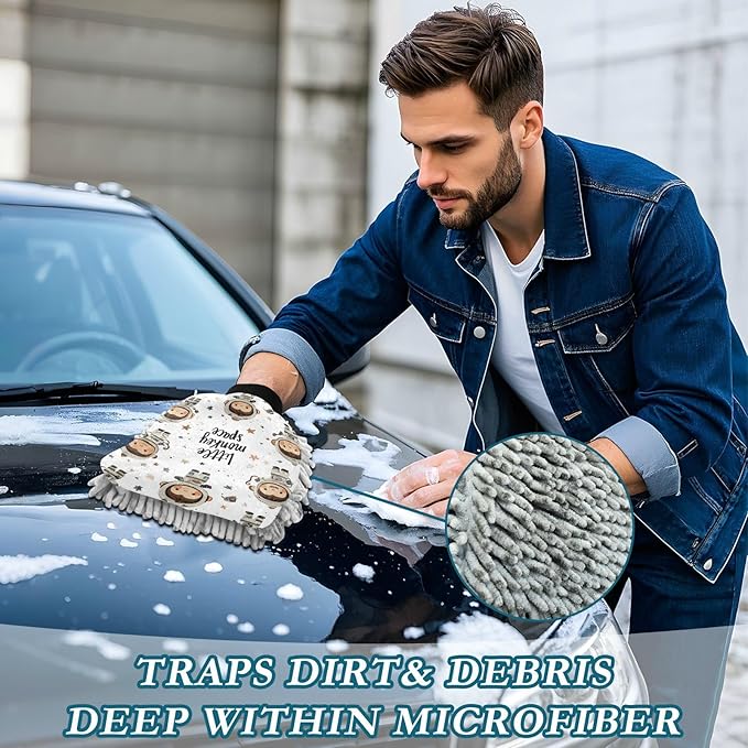 Car Wash Mitt Microfiber Wash Mitts for Car Washing Scratch-Free Cleaning Gloves Soft Non Absorbent Chenille Auto Hand Mitt Large 2Pack White Cute Monkeys in Spacesuits Stars