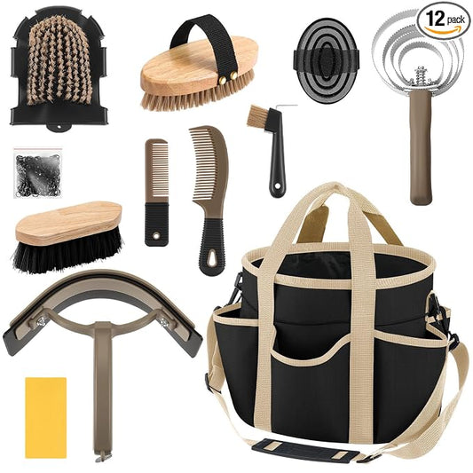 Abbylike 12 Piece Horse Grooming Kit with Organizer Tote Bag Brush Sets for Derby Day Show Horses Professional Tools for Care & Massage(Black and Dark Grey)