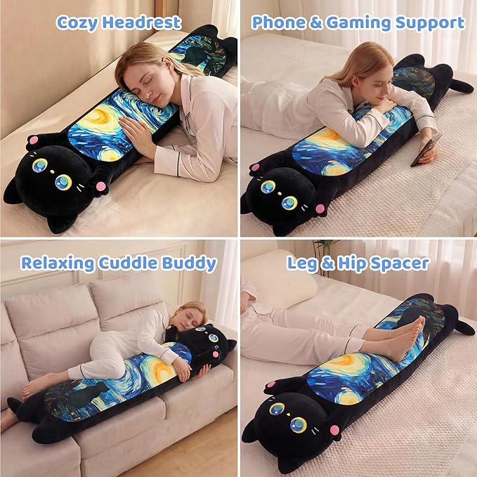 Mewaii Long Cat Plush 5 Sizes, 120% Extra Filling Giant Plushness Kids Body Pillow, Kawaii Cute Black Starry Cat Stuffed Animals Plushies, Big Long Body Pillow Cat Plush Gift for Girls 44”