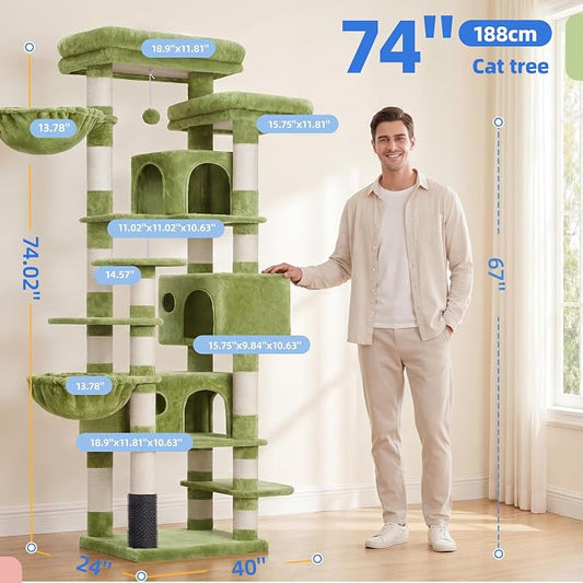 Hey-brother Cat Tree, 74 inches Multi-Level XL Large Cat Tower for Indoor Cats with Three Cat Condos, Two Large Top Decks and Cat Hairbrushfor Kittens, Cats and Pets, Green MPJ035-MGR