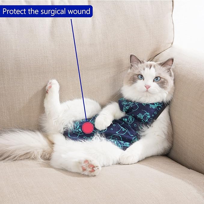 kzrfojy Cat Surgery Recovery Suit Cat Onesie for Cats After Surgery for Surgical Abdominal Wound Or Skin Diseases E-Collar Alternative Wear Neutering Bodysuit Wear (Dark-Blue-S)