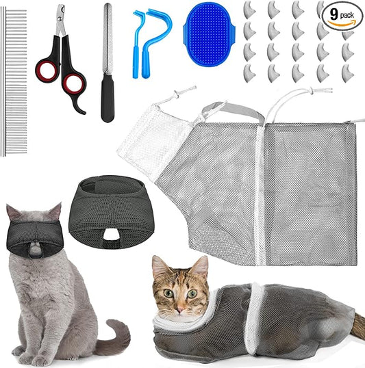9 Pcs Cat Bathing Bag Set Cat Shower Bag Anti Bite and Scratch for Pet Grooming Washing Brush Comb Muzzle Nail Clipper Nail File Tick Tool(Blue, Gray)