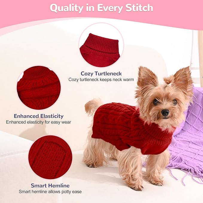Dog Sweater 2 Pack for Small Dogs, Size XS, Pink & Red | Stretchy cable knit turtleneck, machine washable, high belly cut, comfy winter fit for Chihuahua, Yorkie