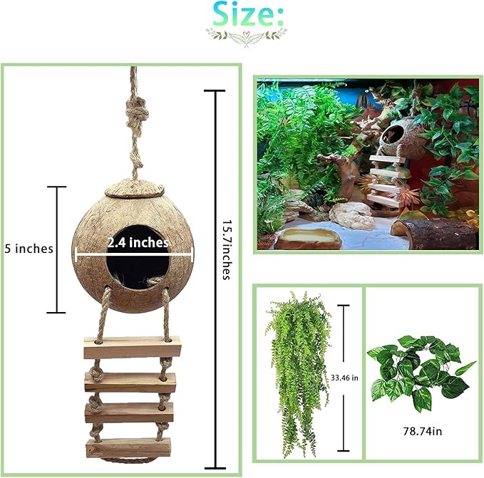 kathson Leopard Gecko Coconut Husk Hut Reptile Habitat Accessories Hideout Hole Climbing Ladder Bendable Hanging Plants Sleeping Hiding Breeding Apply to Amphibians and Small Animals