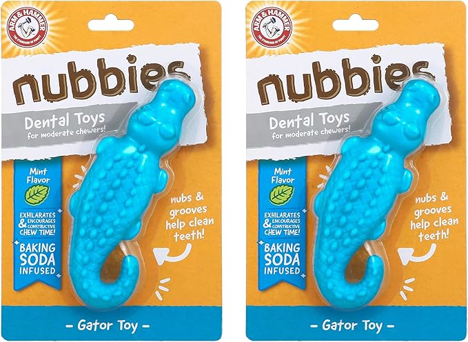 Arm & Hammer Nubbies Gator Dental Chew Toy for Dogs, Mint Flavor, Baking Soda Infused, Scrubbing Grooves to Reduce Plaque and Tartar, No Stuffing, for Moderate Chewers - 2 Pack