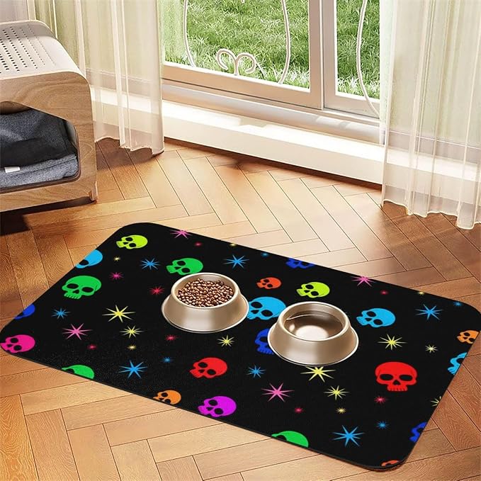 Neon Stars Colorful Skulls Cat Food Mat for Pet Dog Food Mat for Food and Water