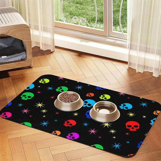 Neon Stars Colorful Skulls Cat Food Mat for Pet Dog Food Mat for Food and Water