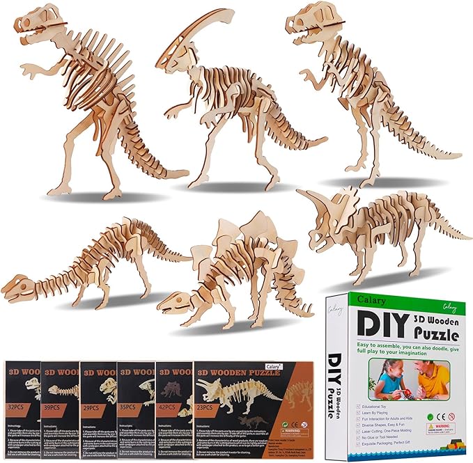 calary 3D Wooden Puzzle Simulation Animal Dinosaur Assembly DIY Model Toy for Kids and Adults,Set of 6