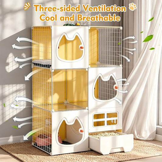 Cat Cage with Litter Box & Clear Door,Indoor Cat Cage Playpen,DIY Cat Enclosures Catio,Multi-Level Detachable Metal,Ferret Cage 42" x 18" x 28"