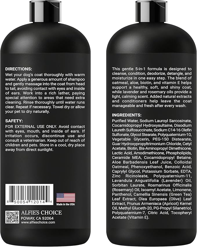 Oatmeal Dog Shampoo and Conditioner for Itchy Skin Relief | Puppy Shampoo for Sensitive Skin 5-in-1 | Cleans, Deodorizes & Detangles | Dog Wash for All Breeds | Made in USA | 16 fl oz | ALFIE'S CHOICE