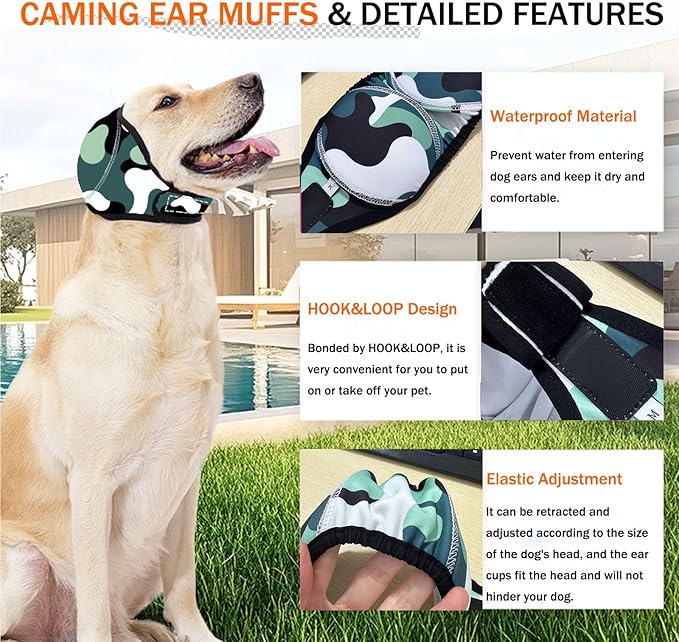 BAMY Swimming Waterproof Dog Ear Caps Calming Large Dog Ears Cover Shower Cap for Ear Protection for Bath for Grooming (Camouflage, S (Head Circumference 10"-15"))