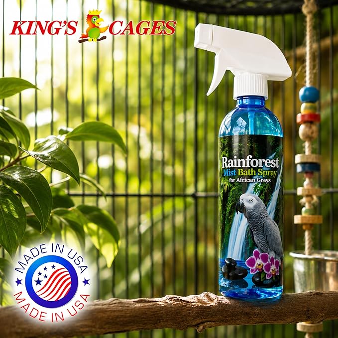 Kings Cages Rainforest Mist Feather Bath Spray for African Greys and Amazons 17oz Baby Powder Scent Condition Plumage Relieves Dry Itchy Skin Helps Prevent Feather Plucking