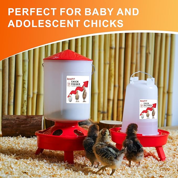 2-in-1 Chick Starter Set: 0.8 Gal Top Filling Feeder and 0.4 Gal Waterer with Adjustable Legs for Baby Chicks, Includes Scoop, Hanging Hooks, Anti-Drown Design (Red)