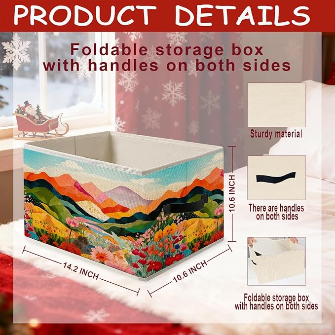 Abstract Boho Colorful Floral Mountain Storage Bins, Modern Maximalist Vibrant Wildflower Foldable Closet Organizers Storage Basket Toybox for Clothes Bed Sheets Blankets Toys