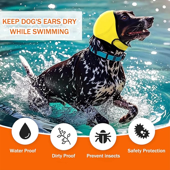 BAMY Swimming Waterproof Dog Ear Caps Calming Large Dog Ears Cover Shower Cap for Ear Protection for Bath for Grooming (Yellow, L (Size L: Head Circumference 18"-24"))