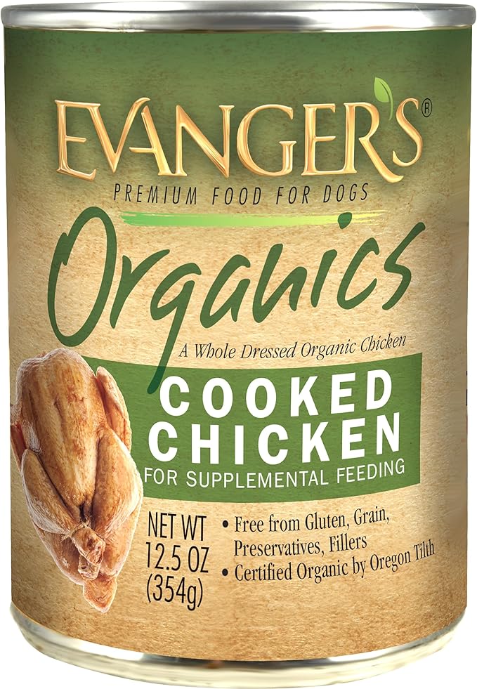 Evanger's Organic Cooked Chicken for Dogs – 12 Count, 12.5 oz Each – Grain & Gluten Free, Qualified Organic, GMO & Antibiotic Free
