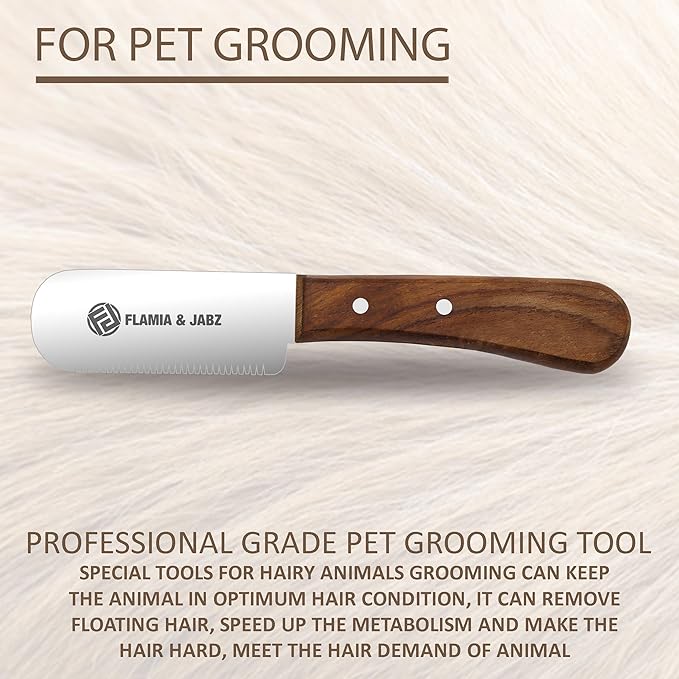 FLAMIA & JABZ Professional Dog Grooming Hand Stripping Knife, Stripper Trimmer Tool, Red Meranti Wooded Handle non slip grip with Tripping Stainless Steel blade (Medium, Right Handed)