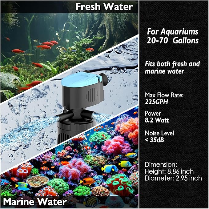 AquaMiracle Submersible Aquarium Filter 3-Stage in-Tank Filter with Dual Water Outlet & Aeration, Water Flow Adjustable 225GPH Internal Fish Tank Filter for 20-70 Gallon Aquariums