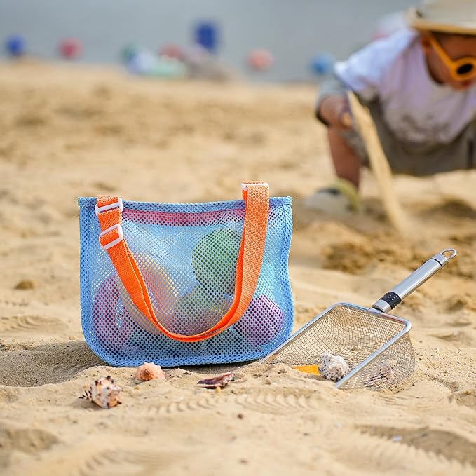 4 PCS Beach Mesh Shovel with Mesh Beach Bag for Shells Collecting and Filter Sand, Large Stainless Steel Sand Scooper for Picking Up Fossils, Big Shark Tooth Sifter Dipper Sand Toy for Kids and Adults