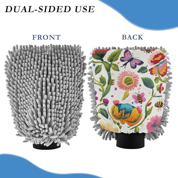 Car Wash Mitt Microfiber Wash Mitts for Car Washing Scratch-Free Cleaning Gloves Soft Non Absorbent Chenille Auto Hand Mitt Large 2Pack Embroidered Flowers Bee Butterfly
