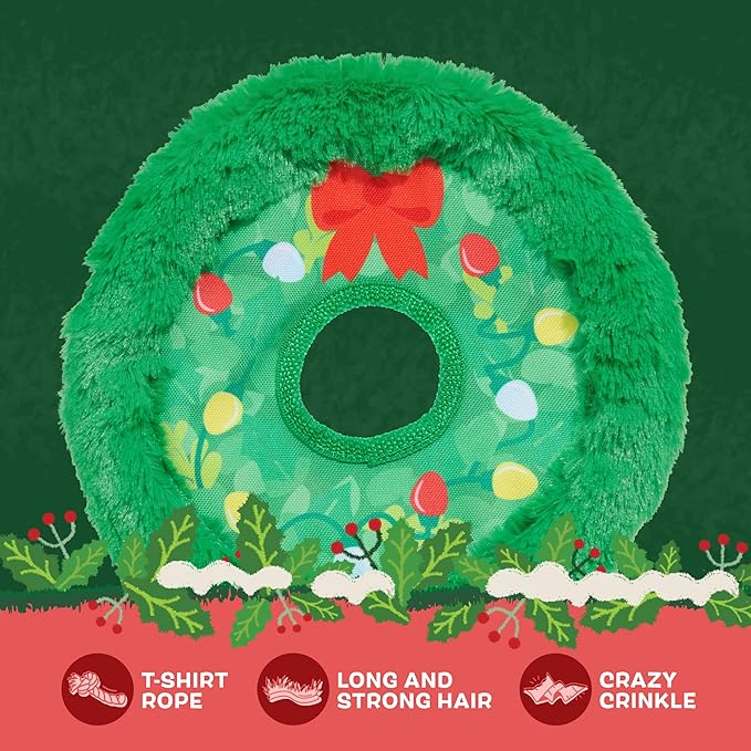 Barkbox Get Lit Wreath Plush Dog Toy - Fetch & Fling Chew Toy Disc with T-Shirt Rope and Crinkle Layers of Dogs and Puppies