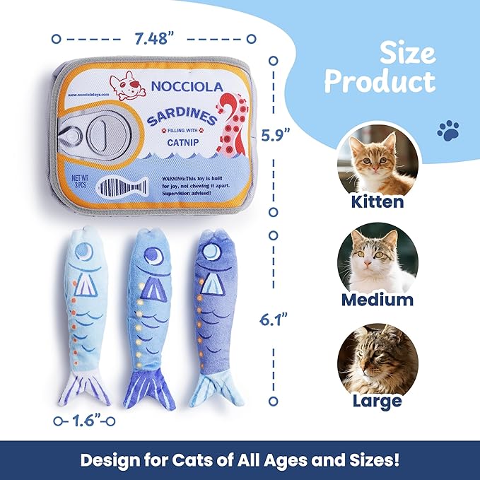 Nocciola Catnip Toys for Indoor Cats - 3 Pack Cat Toys Fish with Sardine Can Pouch, Cat Nip Toys Cat Kicker Toy with Crinkle Paper, Interactive Cat Toy for Kitten Enrichment, Cat Gifts