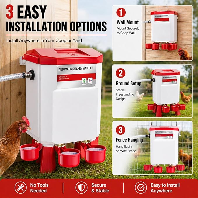 Automatic Chicken Waterer 2 Gallons, Chicken Water Feeder with Float Valve & 4 Water Cups, 13FT Hose Poultry Waterer System, Chicken Coop Water Dispenser for Chickens Ducks Quail Turkey (Red, 2 GAL)