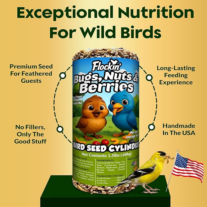 Bugs, Nuts & Berries Bird Seed Cylinders with Hole – Wild Bird Food for Blue Birds, Woodpeckers, Cardinals & More – Premium Protein-Rich Blend, No Fillers – USA Made (4" x 7.75") 2 Pack
