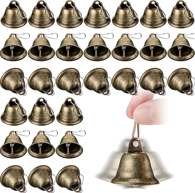 Gejoy 30 Pieces Craft Small Brass Bells for Crafts Mini Vintage Bells with Spring Hooks Tiny for Hanging Wind Chimes Making Dog Training Doorbell Wedding Decor, 1.65 x 1.5 Inch (Bronze)