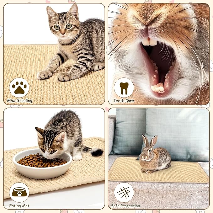 PETKNOWS 2PCS Rabbit Scratch Mat, Sisal Rabbit Scratching Pad Natural Bunny Scratching Pad Claws and Teeth Care Rabbit Mats (Beige, 15X11.8 inche, 2)