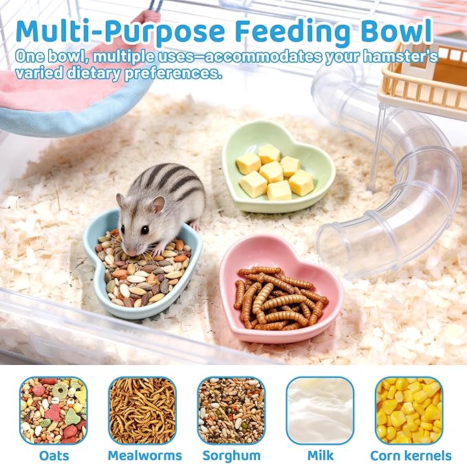 3 Pack Ceramic Hamster Food Bowl Anti-Turning Heart Hamsters Water Dish Cute Small Animals Bowl for Rabbits Chinchillas Guinea Pig Rat Hedgehog Parrots Small Animals (3 Colors)