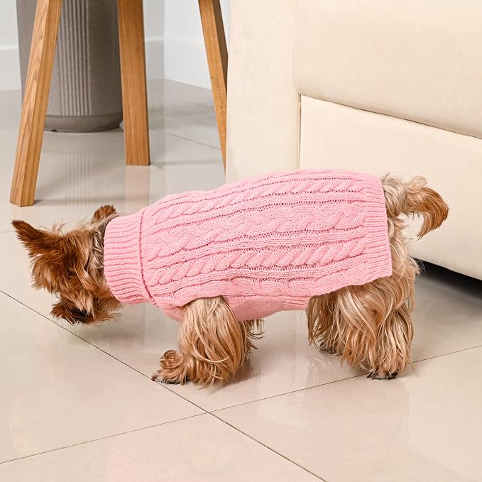 Dog Sweater 2 Pack for Small Dogs, Size XS, Pink & Red | Stretchy cable knit turtleneck, machine washable, high belly cut, comfy winter fit for Chihuahua, Yorkie