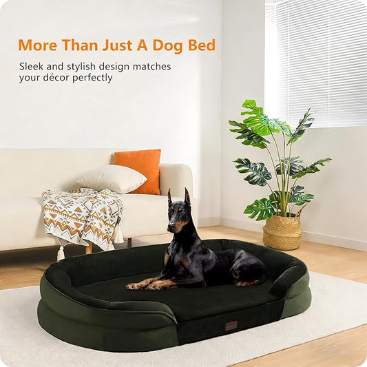 Dwanton Orthopedic Dog Bed for Extra Extra Large Dogs with Gel Memory Foam, Waterproof Dog Sofa, Washable Pet Bed with Four Sided Bolster Cushion, Removable Cover & Non-Slip Bottom, 48", Green