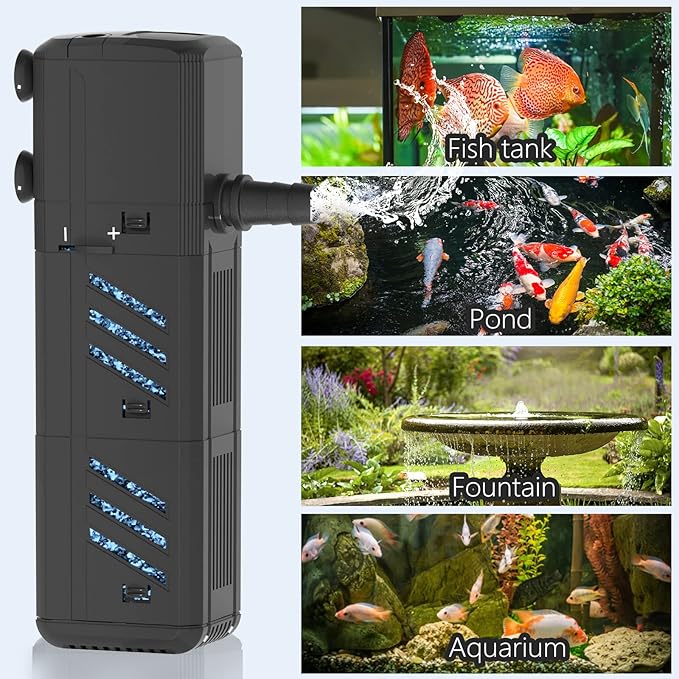 Aquarium Filter, Insputer 8W Turtle Tank Filter with 2 Sponge Filtration, 200 GPH Adjustable Submersible Fish Filters for 10-50 Gallo Pond Freshwater