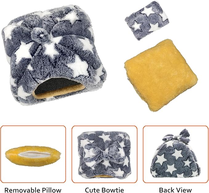 Guinea Pig Bed, Guinea Pig Warm Hideout House Accessories Cozy Bed for Small Animals Hamsters Chinchillas Dwarf Bunnies Hedgehogs. M, Grey Stars.