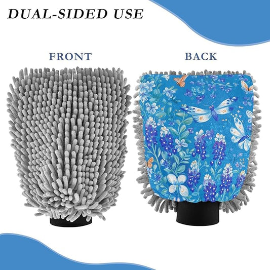 Car Wash Mitt Microfiber Wash Mitts for Car Washing Scratch-Free Cleaning Gloves Soft Non Absorbent Chenille Auto Hand Mitt Large 2Pack Bluebonnet Birds and Butterflies Blue