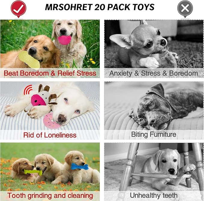 MRSOHRET 20Pcs Puppy Chew Toys for Teething, Dog Chew Toys with Rope Toy, Pet Dog Toothbrush, Treat Balls, Plush Toys and Squeaky Toys for Small Medium Dogs with Basket
