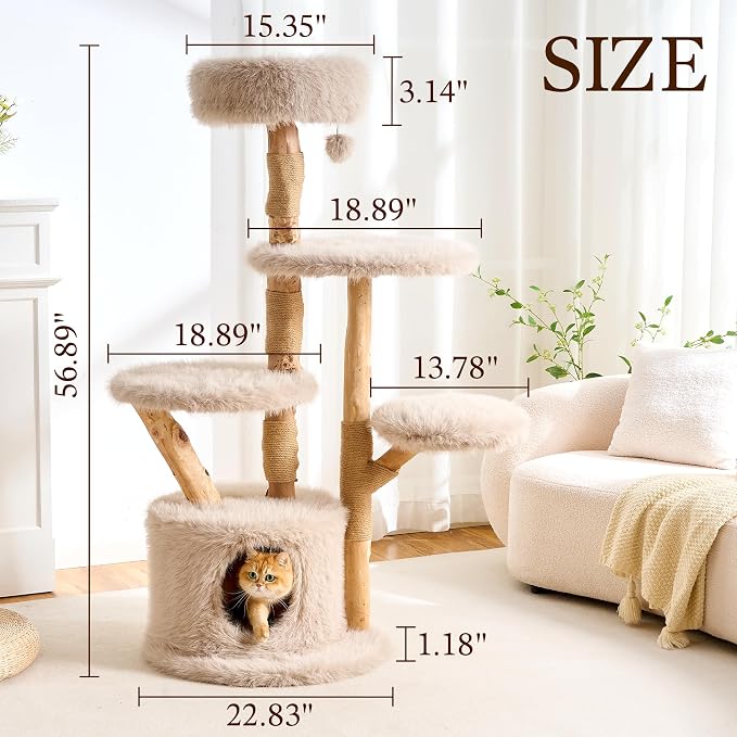 HITTITE Natural Wood Cat Tree Tower with Scratching Post, 56.8 Inches Tall Modern Cat Tower with Cozy Bed and Condo, Luxury Real Branch Cat Tree for Indoor Cats Large Adult, Khaki.