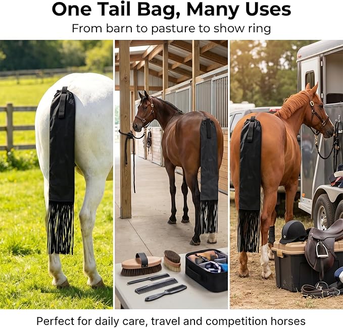 Horse Tail Bag with Fringe, Adjustable Nylon Horse Tail Protector with Fastener, Lightweight Water-Repellent Tail Bag for Braided Tail Protection, Grooming, Stable & Horse Show Use, Black