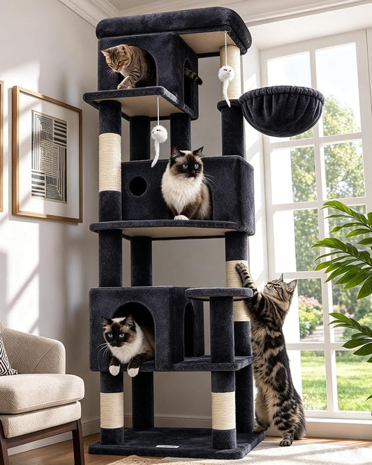 Globlazer Corner Cat Tree 66 inch Multi-Level Climbing Tower Kitty Condos Cat Scratching Tower for Indoor Multiple Cats with Large Platform, 3 Cat Caves, F66, Dark Grey