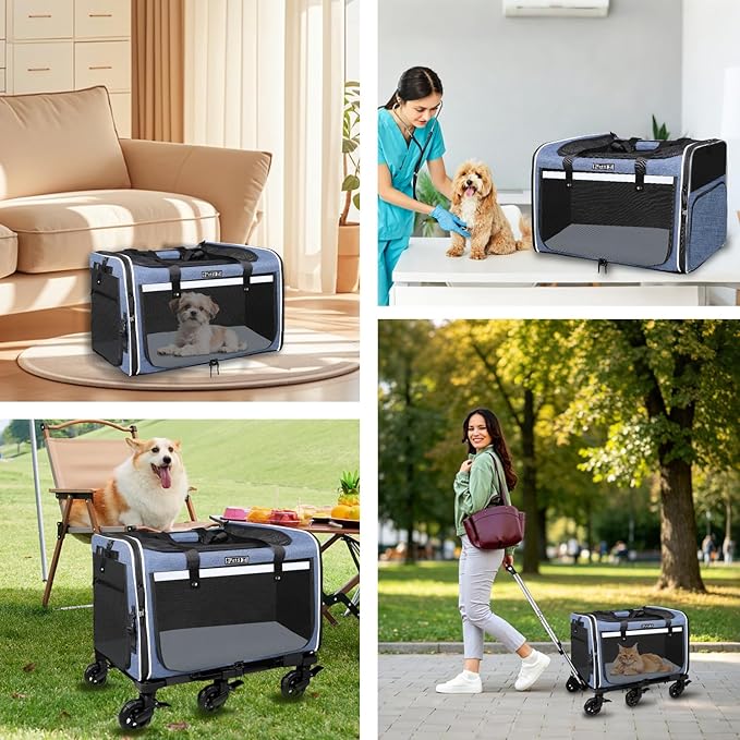 Petskd Extra Large Pet Carrier with Wheels for Large Cat or Medium Dog, 24" X 17" X 15" Soft-Sided Rolling Dog Cat Carrier for Indoor and Outdoor Uses, Support up to 40 Lbs, Blue