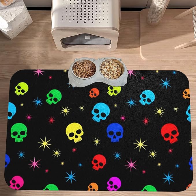 Pet Supplies Absorbent Quick Dry Cat & Dog Food Mat (Neon Stars Colorful Skulls)