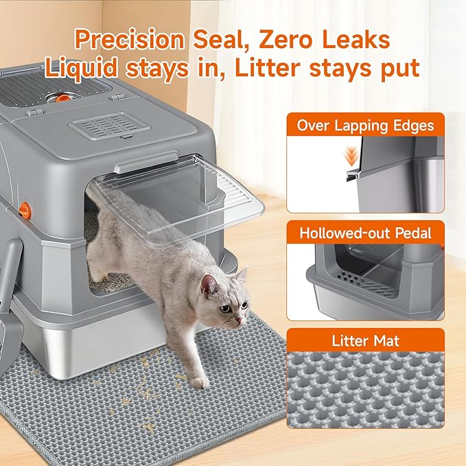 Stainless Steel Litter Box with Lid, High Sided Enclosed Metal Litter Box for Big Cats, Easy Cleaning Anti-Urine Leakage, Non-Sticky Cat Box, Front Entry Top Exit KittyBox, Includes Mat & Scoop