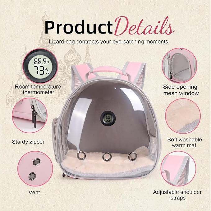 Bearded Dragon Travel Backpack Carrier with Reptile Thermometer and Humidity Gauge Lizard Travel Cage Space Capsule Clear Bubble Window Astronaut Reptile Bag for Ball Python (Pink, Backpack)
