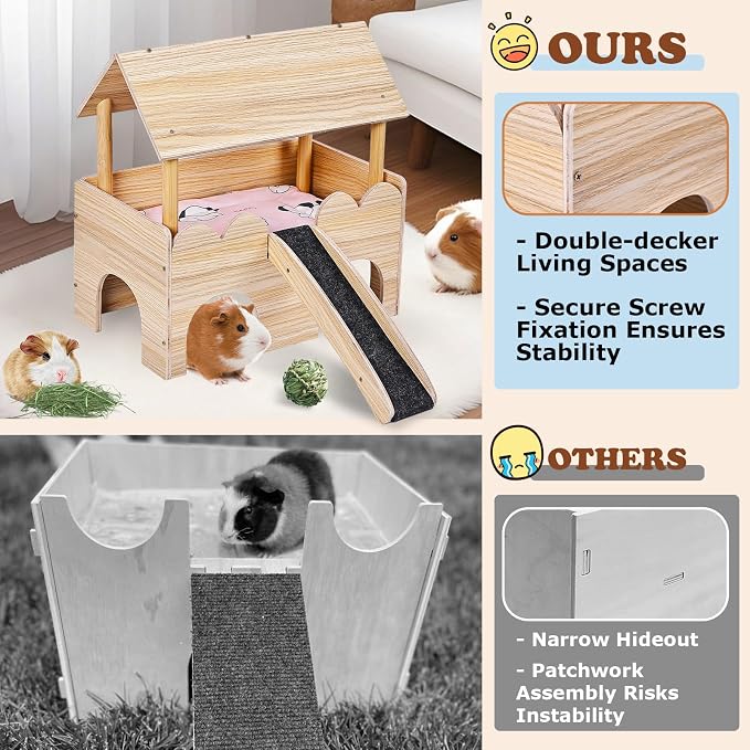 Guinea Pig Castle, Wooden Multi-Functional Pet House for Guinea Pig Hideout & Guinea Pig House with Ladder, Small Animal House Bed for Guinea Pigs, Chinchillas, Hedgehogs. Ideal Hideaway
