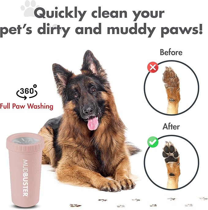 Dexas MudBuster Large Dog Paw Cleaner in Blush - Fits 2.5"-3.5" Wide Paws, Portable Paw Washer for Muddy Paws, Dog Paw Cleaning Cup with Gentle Silicone Bristles, Quick Clean Pet Paw Washer